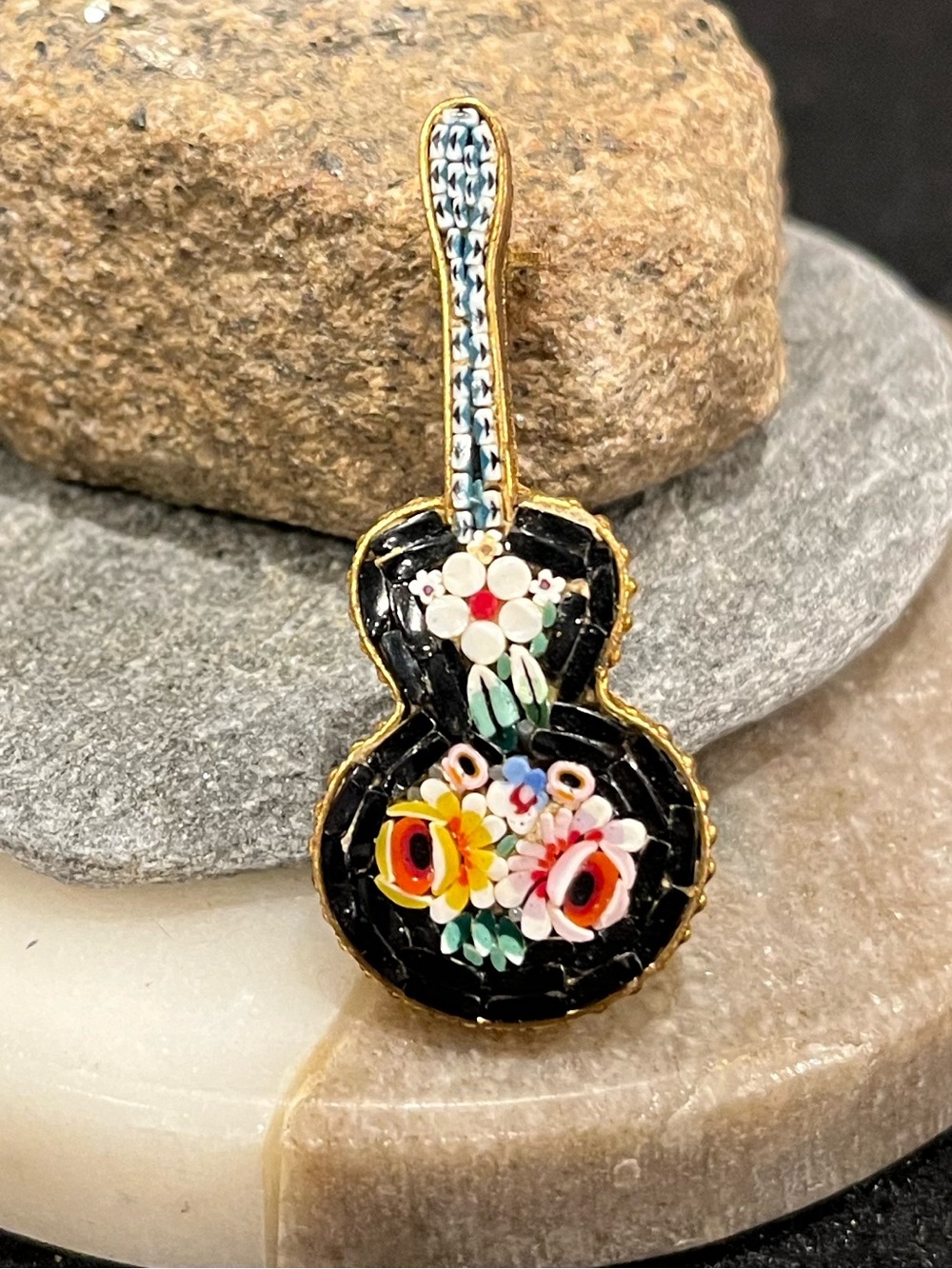 Italian Floral Micro-Mosaic Guitar Brooch Pin in Black and Gold Made in Italy
